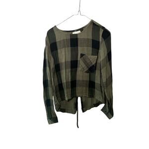 Cloth & Stone Blouse Lace Up Back Long Sleeves Flannel Plaid Green Womens XS